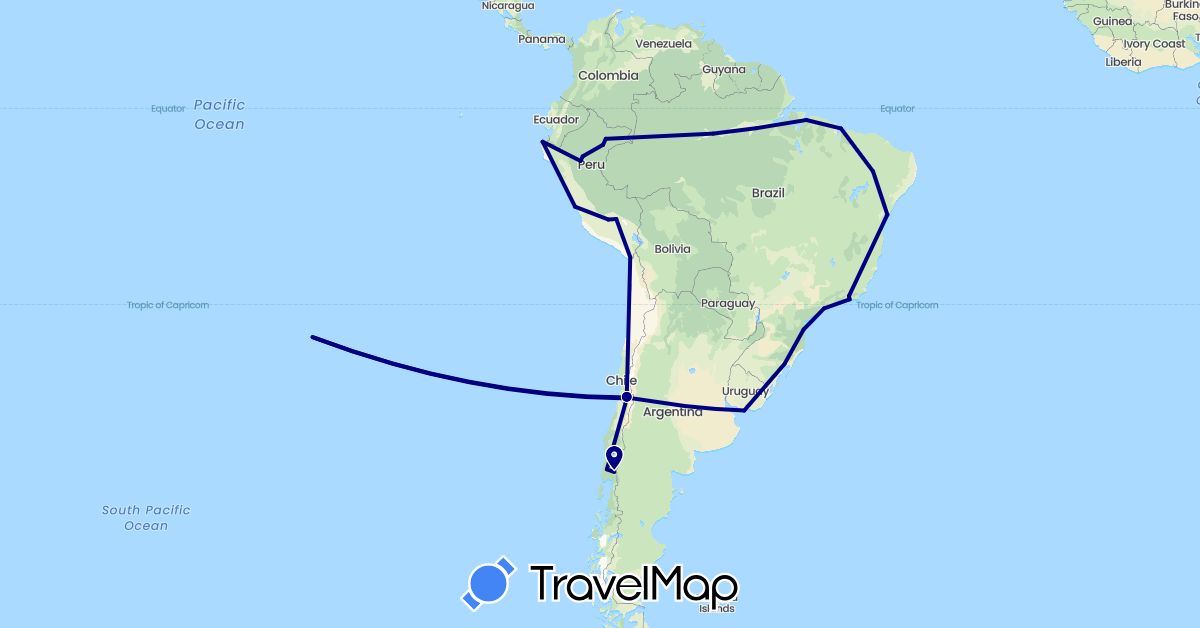 TravelMap itinerary: driving in Brazil, Chile, Peru, Uruguay (South America)